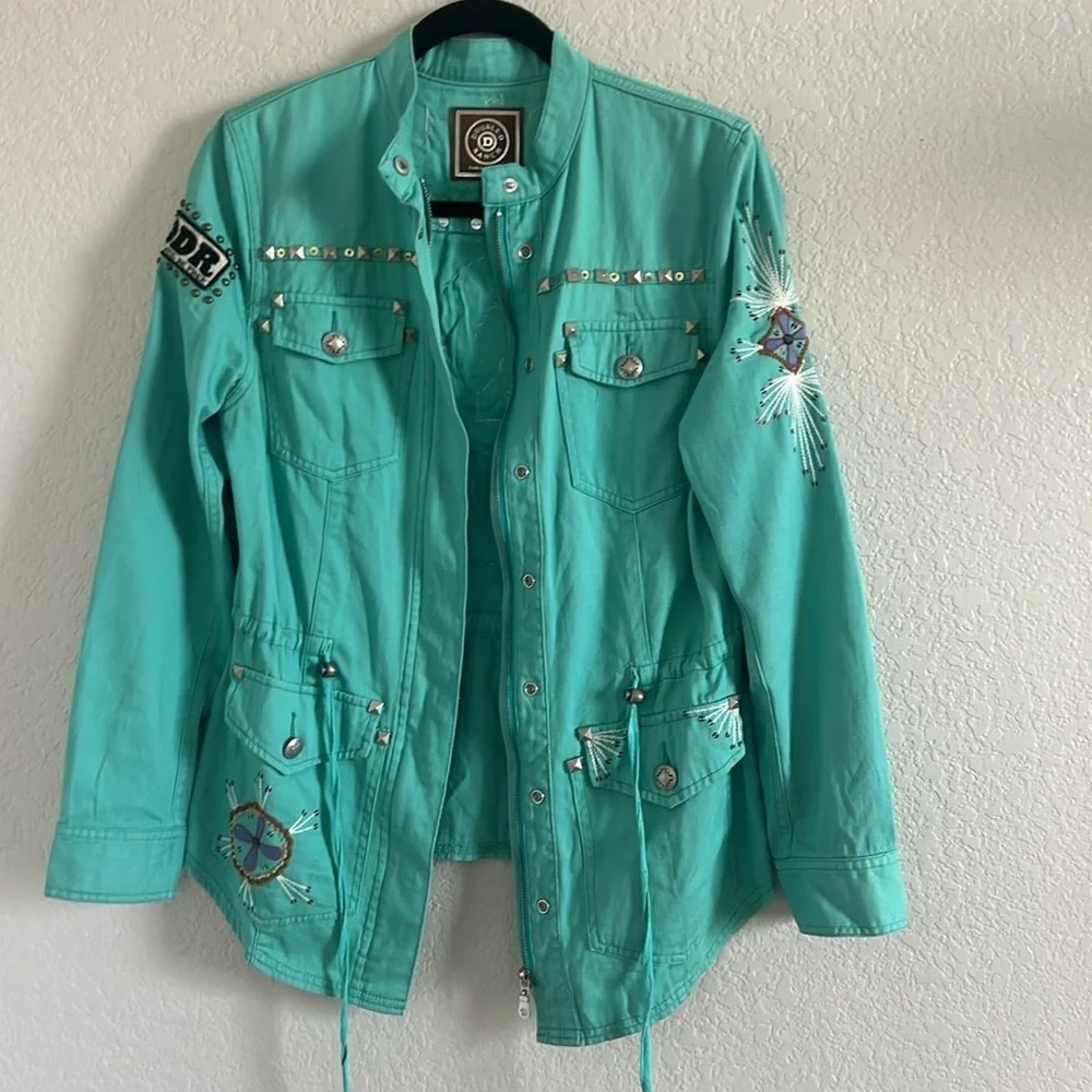 Double D Ranch Embroidered Studded Turquoise Jacket Blazer Western. Size XS